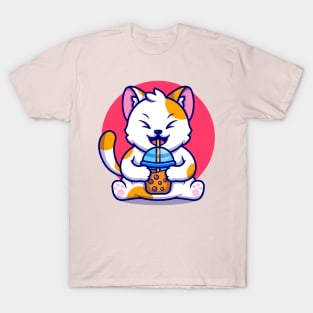 Cute Cat Drink Boba Milk Tea Cartoon T-Shirt